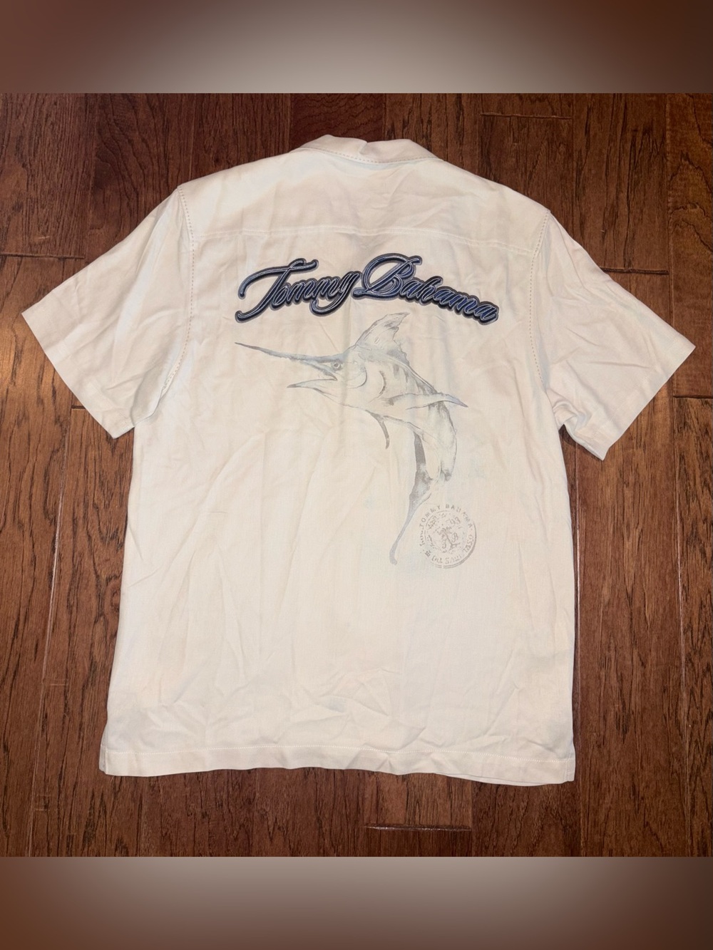 Tommy Bahama 100% Silk Marlin Embroidered Button Down Short Sleeve Camp Shirt M